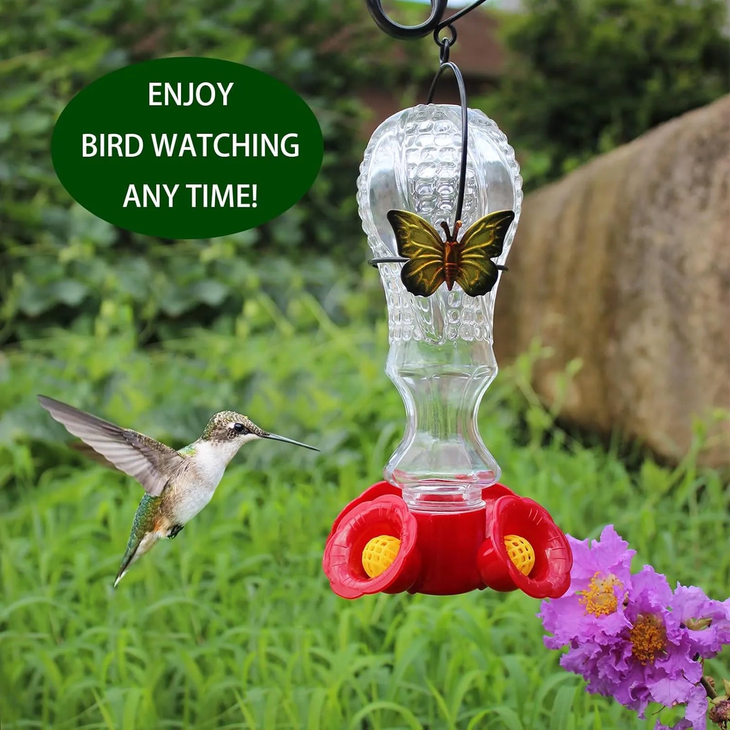 Raxiva-hummingbird feeder glass with flowers and ant moat