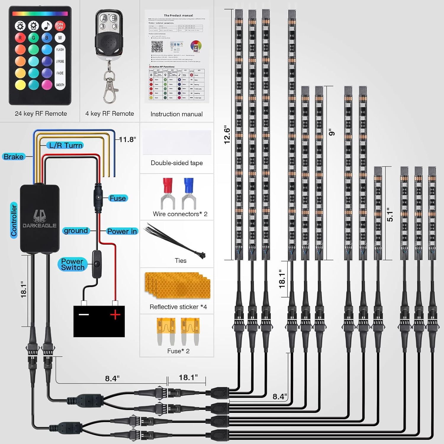 Raxiva-12pcs motorcycle led light kit with brake turn signal