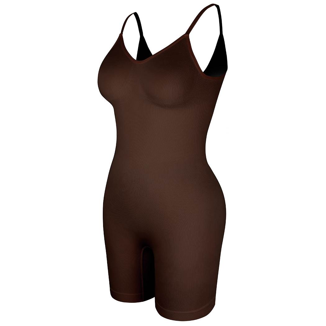 Model showcasing seamless full body shapewear with adjustable straps.  Experience ultimate comfort, body sculpting, and a flattering silhouette. Breathable and invisible under clothes.