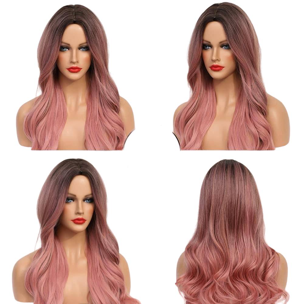 Raxiva-long wavy ombre pink heat resistant synthetic hair wig natural waves