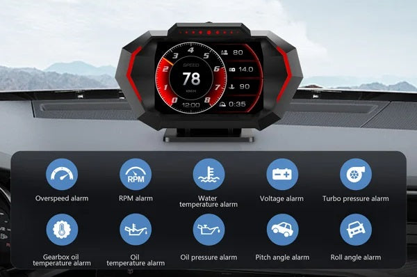 Raxiva - Advanced Digital Car Head-Up Crystal Display Speedometer – Dual OBD2+GPS System with Alarm, Turbo Pressure, Speedometer & Slope Indicator for Ultimate Driving Control