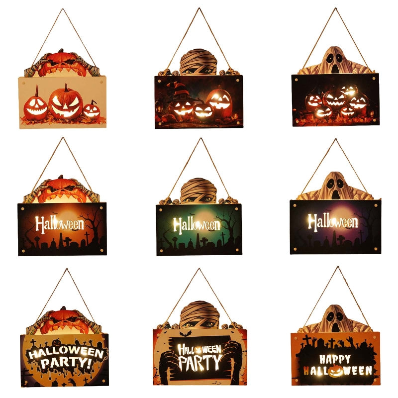 Raxiva - Halloween House Sign Listing Atmosphere Night Light - Wooden Door Hanging Decor