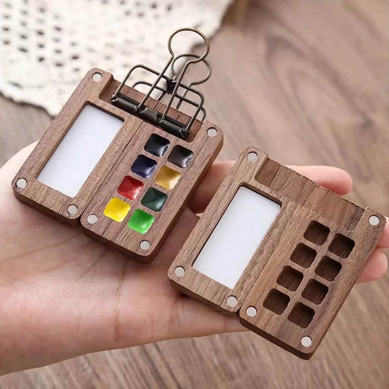 Raxiva - Portable Black Walnut Watercolor Palette Set – Handmade Travel Paint Box with Brush, 0.5ML Schmincke Paint Tray, and Book for Artistic Journeys