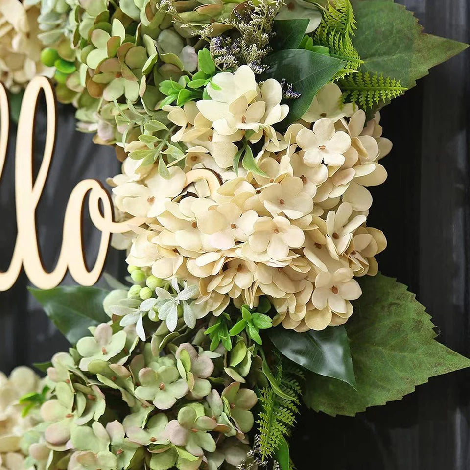 Raxiva-40cm green hydrangea wreath with hello message