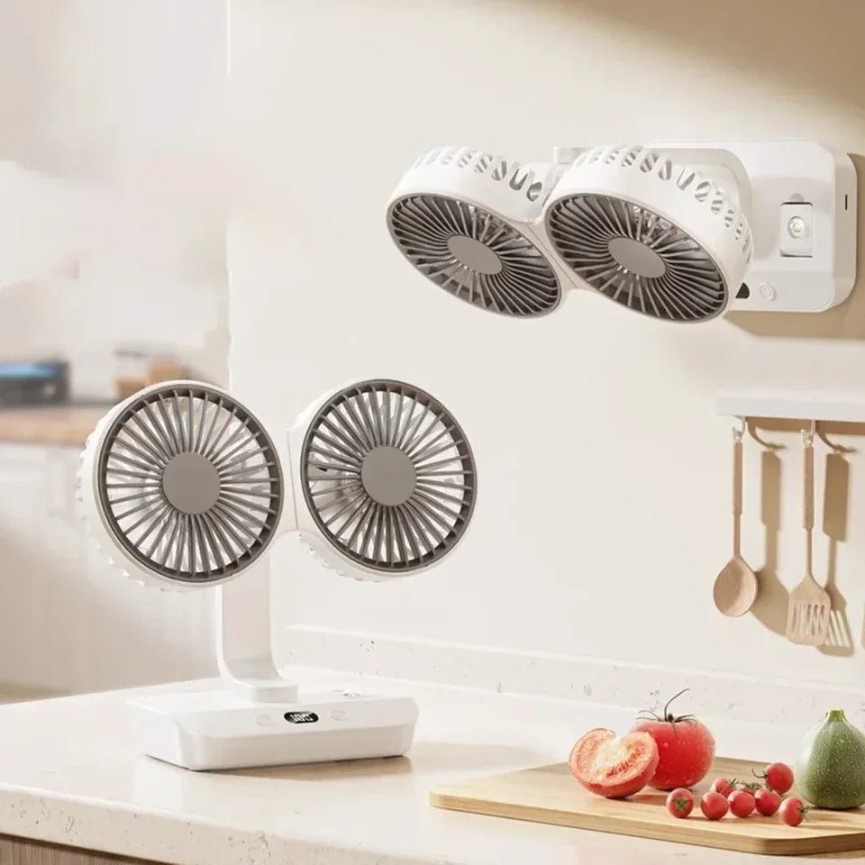 Raxiva-dual head oscillating table fan portable usb rechargeable 4000mah battery 4 speed