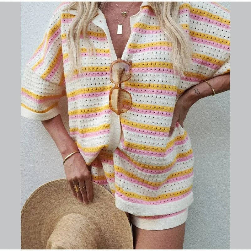 Raxiva-elegant lapel half sleeve top high waist shorts set loose casual outfit