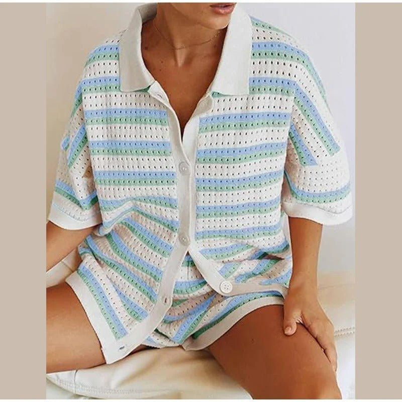 Raxiva-elegant lapel half sleeve top high waist shorts set loose casual outfit