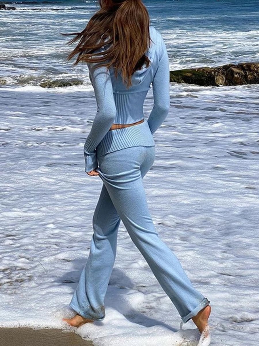 Raxiva-ribbed knit lounge set women zip hoodie high waist wide leg pants 2 piece loungewear