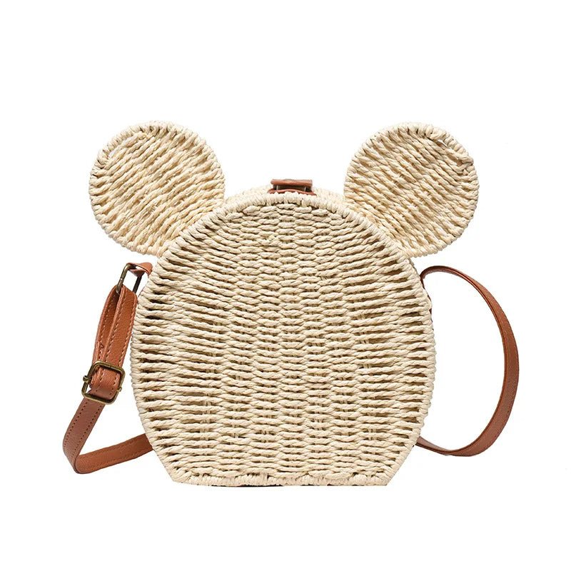 Raxiva-small round rattan mickey shoulder bag cute handbag for travel beach vacations