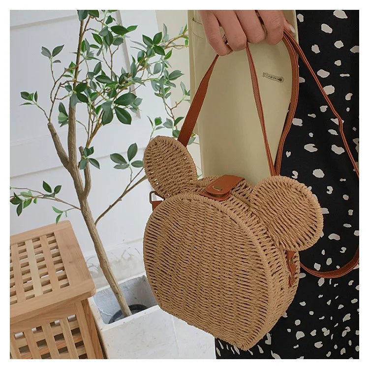 Raxiva-small round rattan mickey shoulder bag cute handbag for travel beach vacations