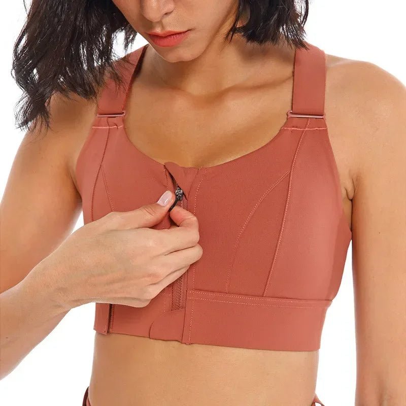 Raxiva-zip front sports bra adjustable shockproof athletic crop top gym yoga